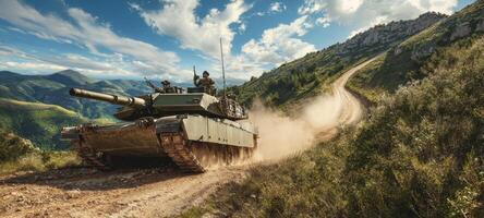 The powerful tank maneuvering through rugged mountainous terrain under a dramatic sky. photo