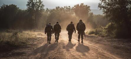 The soldiers embarking on a journey through the tranquil morning landscape photo