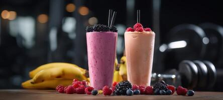 The delicious smoothies made with fresh berries and bananas on a gym table photo