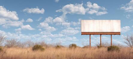 The empty billboard standing alone in a vast open landscape under a clear sky. photo