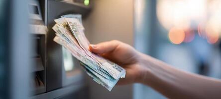 The hand reaching for cash from an ATM during a financial transaction. photo