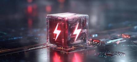 The glowing cube representing electricity and digital energy in a futuristic setting. photo