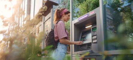 The young woman interacting with an ATM surrounded by greenery in an urban setting. photo