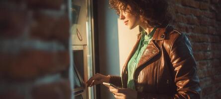 The woman in a leather jacket enjoying sunlight while browsing with a smartphone. photo