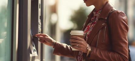 The woman interacting with an ATM while enjoying her coffee in the city. photo