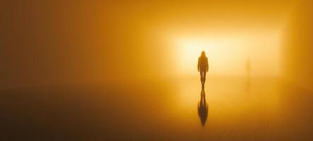 The silhouette of a person walking through a surreal foggy landscape. photo