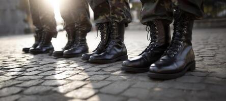 The polished military boots in a disciplined formation on cobblestone. photo
