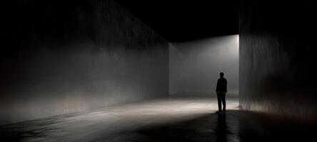 The solitary figure stands in a dark, contemplative space illuminated by light. photo