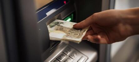 The hand withdrawing cash from an ATM in a modern banking environment. photo
