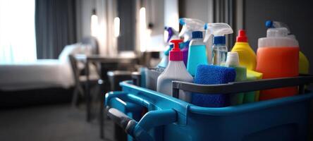 The cleaning supplies ready for use in a modern hotel room setting. photo