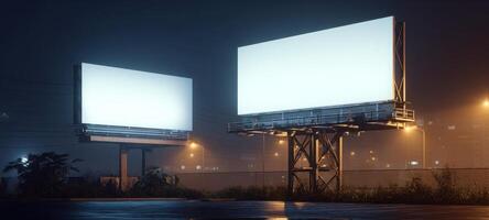 The illuminated billboards stand silently in a foggy urban setting at night. photo