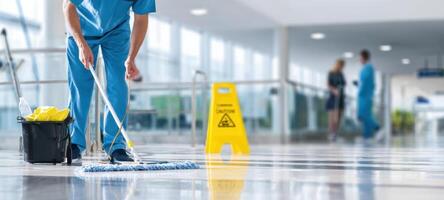 The diligent janitor mopping the floor in a modern indoor facility. photo
