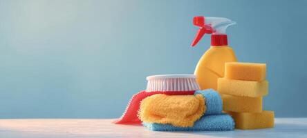The clean and colorful arrangement of household cleaning supplies on a table. photo