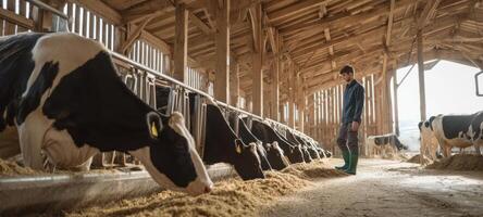 The peaceful farm scene with cows and a farmer in quiet barn setting. photo