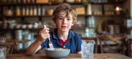 The boy enjoying a bowl of delicious breakfast in a cozy dining setting. photo