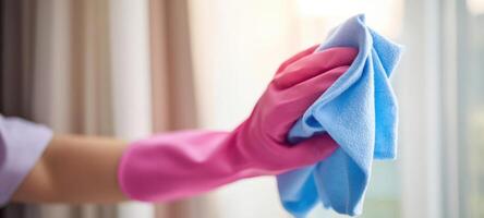 The cleaning process with vibrant gloves and cloth for a spotless home. photo