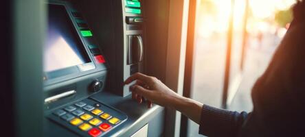 The ATM machine being used for a convenient cash withdrawal during sunset. photo