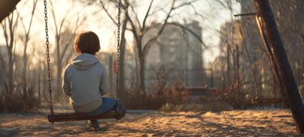 The swing holds a child reflecting on a tranquil sunset evening. photo