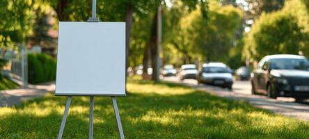 The blank easel waiting for creativity in a serene outdoor environment. photo