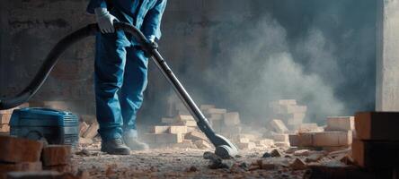 The industrial worker using a vacuum in a dusty construction site. photo