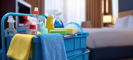 The cleaning cart filled with supplies in a cozy hotel room setting. photo