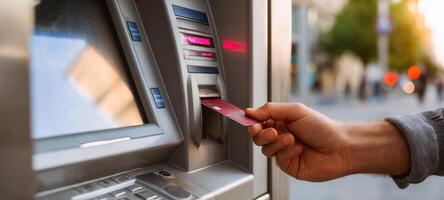 The ATM transaction process with a hand inserting a card for banking services. photo