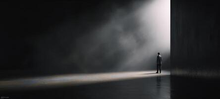The silhouette of a man standing in a dark, misty space illuminated by light. photo