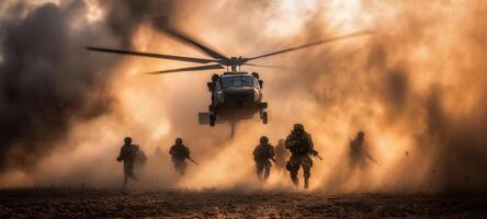 The soldiers rushing forward beneath the helicopter in a dramatic combat scene. photo