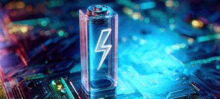 The illuminated battery showcasing futuristic energy concepts on a circuit board. photo