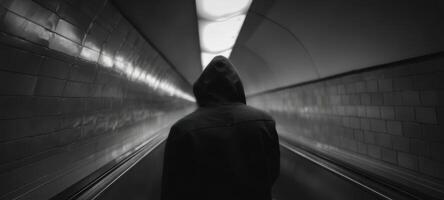 The hooded figure traversing an underground tunnel in solitude and mystery. photo