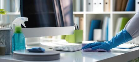 The cleaning of a modern office workspace with care and attention. photo