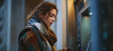 The woman using an ATM in a cozy urban setting at night. photo