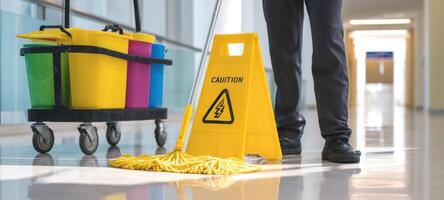 The janitor mops the floor while displaying a caution sign for safety. photo
