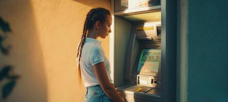 The woman using an ATM in a warm evening light against an urban backdrop. photo