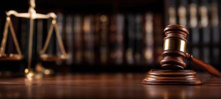 The gavel and scales symbolizing justice in a legal setting. photo