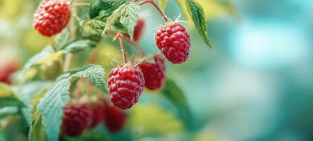The vibrant raspberries growing on lush green plants in summer sunlight. photo