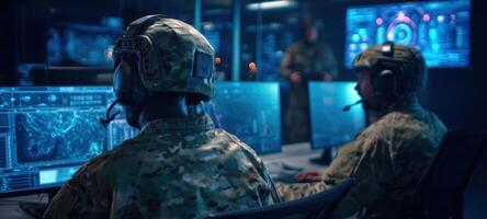 The soldiers engaged in strategic operations in a high-tech military command center. photo