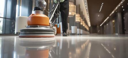 The floor polishing machine in action during a commercial cleaning session. photo
