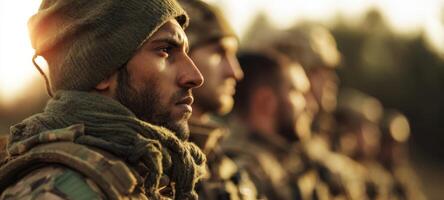 The soldiers demonstrating unity and determination during military training at sunset. photo