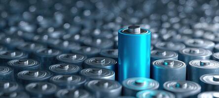 The vibrant blue battery standing out among many metallic batteries. photo