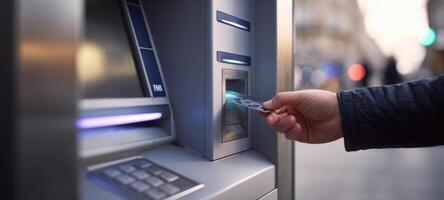 The ATM dispensing cash as a customer interacts with it in an urban setting. photo