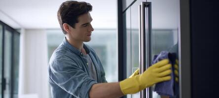The man cleaning the refrigerator with a cloth in a modern kitchen photo