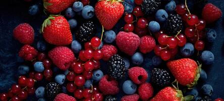 The vibrant assortment of fresh berries arranged beautifully on a dark background. photo