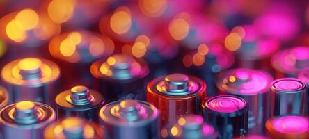 The vibrant array of batteries illuminated with colorful bokeh effects. photo