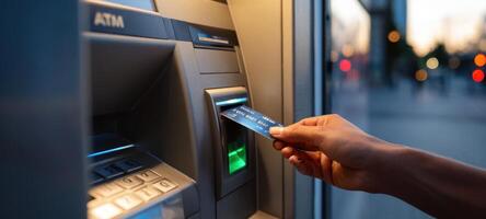 The ATM transaction with a hand inserting a banking card at dusk. photo