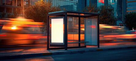 The illuminated bus shelter standing amid vibrant city traffic at dusk. photo