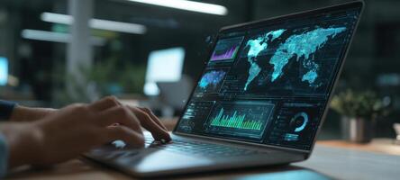 The laptop displaying global data analytics in a modern office workspace. photo