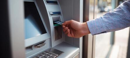 The hand inserting a card into an ATM for banking transactions. photo