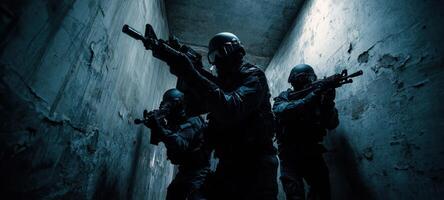 The soldiers prepare for a tactical operation in a dimly lit corridor. photo