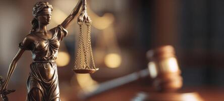 The statue of Lady Justice holding scales and gavel in a courtroom setting. photo